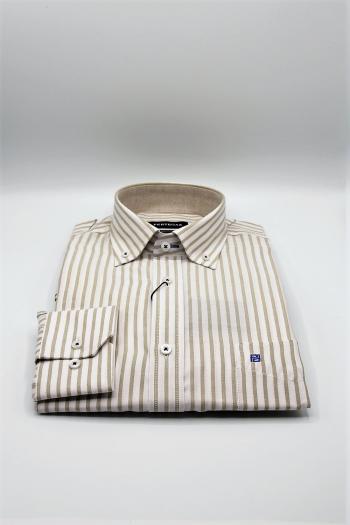 Camisa de hombre manga larga listas beig