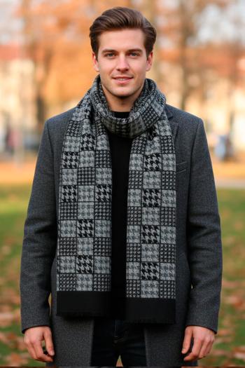 Bufanda de Lana Patrn Cuadros Pata de Gallo Gris